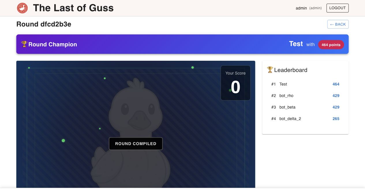 TLoG live round screen with champion, leaderboard, score area, and bot manager control.